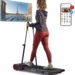 Sunny Health & Fitness Slim Under Desk Walking Compact Treadpad Treadmill with Remote Control, Digital Display, Shock Absorption, Optional Trekking Poles, Free SunnyFit App Bluetooth Connectivity