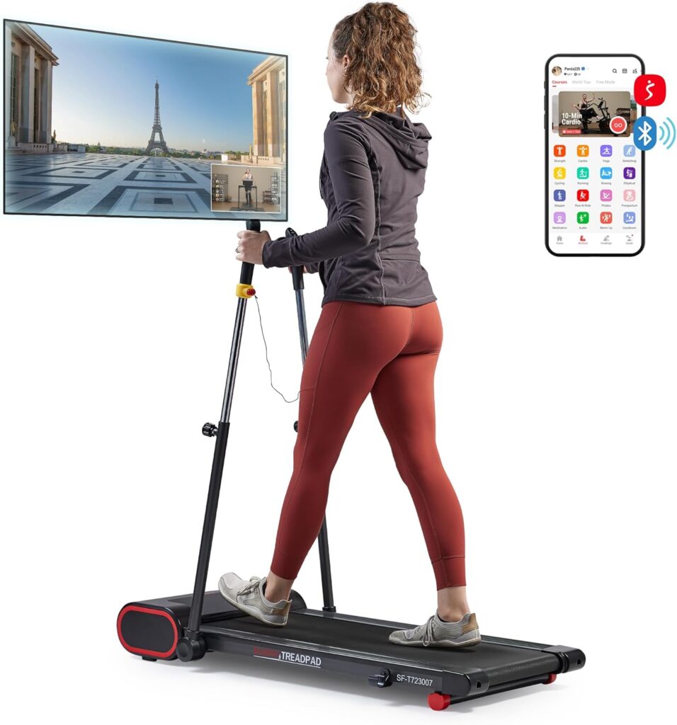 Sunny Health & Fitness Slim Under Desk Walking Compact Treadpad Treadmill with Remote Control, Digital Display, Shock Absorption, Optional Trekking Poles, Free SunnyFit App Bluetooth Connectivity