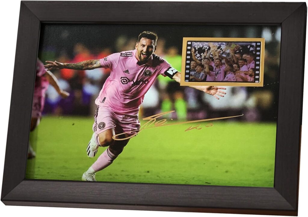 veratwo Signed Soccer Ball Messi Poster Framed Photo Gift 8×6 Inches,with 1x 35mm Miami Messi Film Display,Cool Soccer Memorabilia Gifts for Lionl Messi Fans