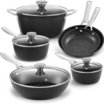 Induction Cookware Nonstick, BEZIA Pots and Pans Set for Induction Cooktop, Compatible with All Stoves, Dishwasher Safe Kitchen Cooking Pan Set with Frying Pans, Saucepans & Stockpot, 10-Piece (Black)