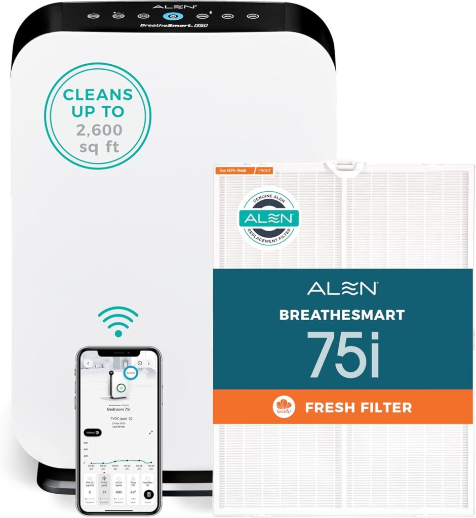 Alen Air Purifier BreatheSmart 75i HEPA with Fresh Filter + Carbon for Large Rooms up to 2800 Sq. Ft – for Living Room & Kitchen – Captures Allergens, Dust, & Mold + Household Odors & Smoke – White