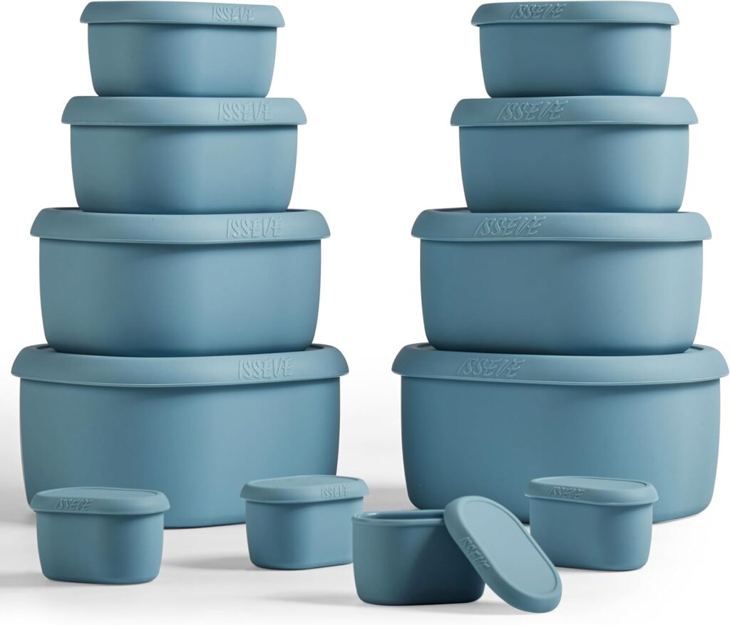ISSEVE 12Pcs/Set Nesting Silicone Food Storage Containers with Lids, BPA Free Reusable Meal Prep Silicone Containers Airtight, Freezer Dishwasher Safe (33.8oz, 20oz, 10oz, 6.7oz, 1.3oz) (Blue)