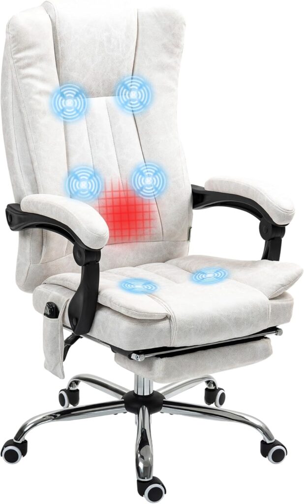 Vinsetto 6 Point Vibration Massage Office Chair, High Back Computer Chair with Heat, Adjustable Height, Reclining Backrest and Retractable Footrest, White