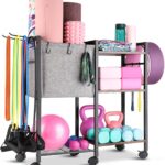Yoga Mat Storage Rack Home Gym Equipment Organizer Holder for Foam Roller Dumbbells Kettlebells Resistance Bands and More Accessories Women Men Workout Organization with Hooks Wheels (Black)