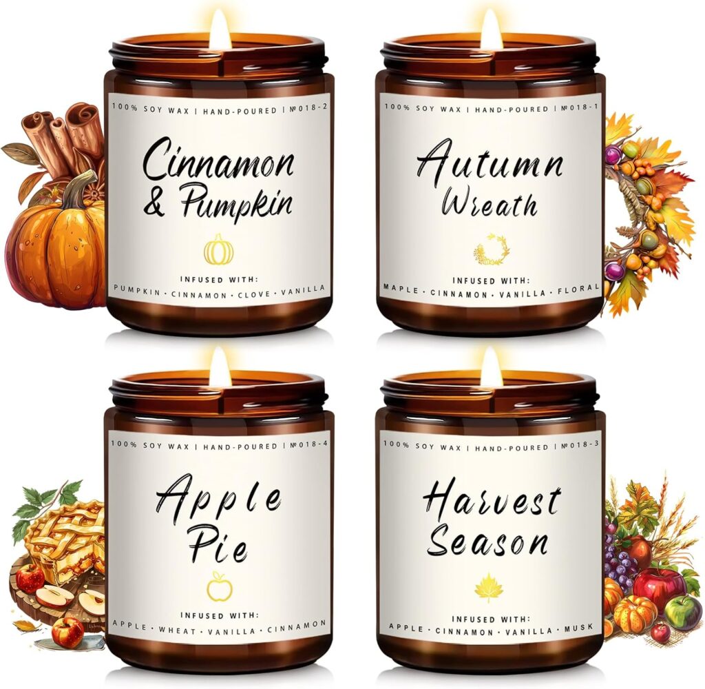 Auelife Fall Candle Set | 4 Pack Scented Candles for Home – Candle Gifts for Women Men, Soy Candles Home Scented | Autumn Fragrance of – Apple Pie/Cinnamon/Harvest/Wreath