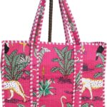 Cotton Quilted Tote Bag, Handmade Indian Shopping Shoulder Pink color Animal Print