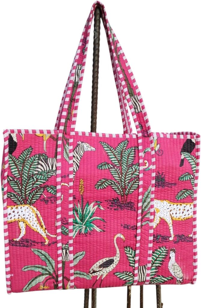 Cotton Quilted Tote Bag, Handmade Indian Shopping Shoulder Pink color Animal Print