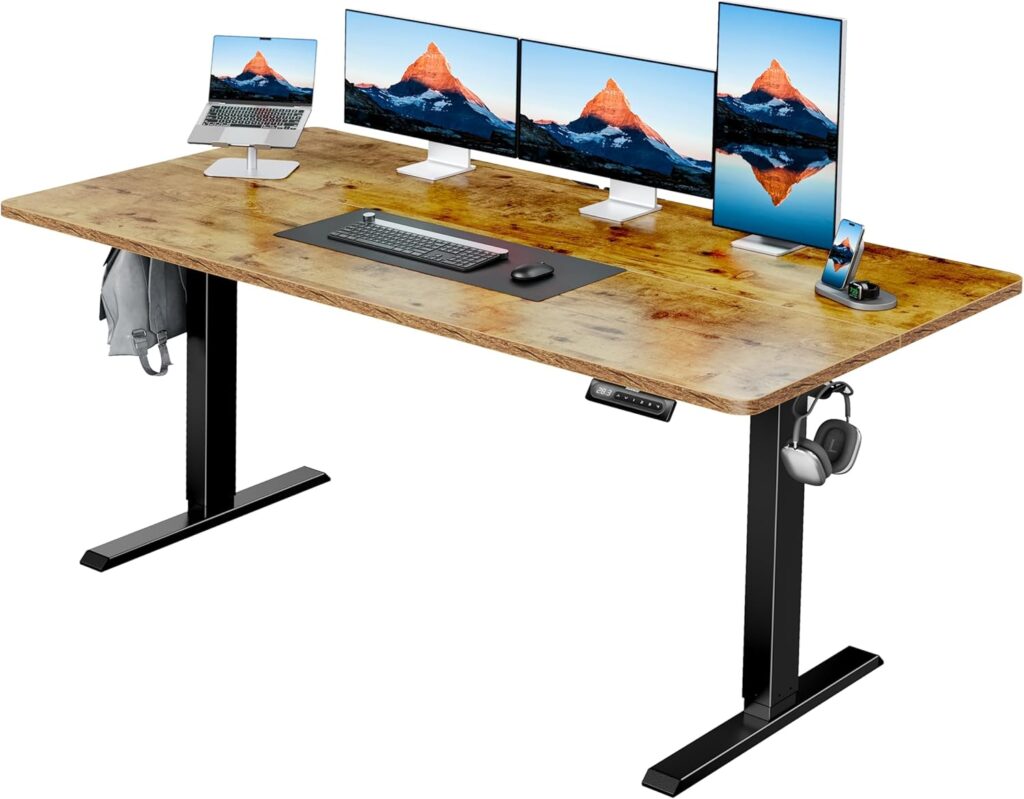 HUANUO 63″ x 28″ Electric Standing Desk Adjustable Height, 4 Memory Height Settings, Headphone Hook, Cable Manager, Sit Stand Up Desk for Home Office & Computer Workstation, Vintage Brown