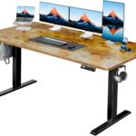 HUANUO 63″ x 28″ Electric Standing Desk Adjustable Height, 4 Memory Height Settings, Headphone Hook, Cable Manager, Sit Stand Up Desk for Home Office & Computer Workstation, Vintage Brown