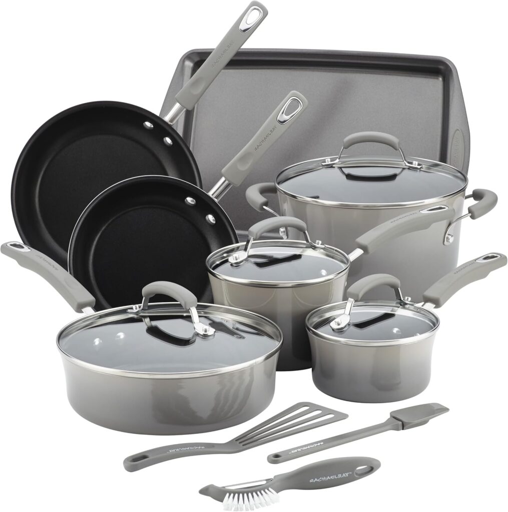 Rachael Ray Brights Nonstick Cookware Pots and Pans Set, 14 Piece, Sea Salt Gray