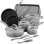 Rachael Ray Brights Nonstick Cookware Pots and Pans Set, 14 Piece, Sea Salt Gray