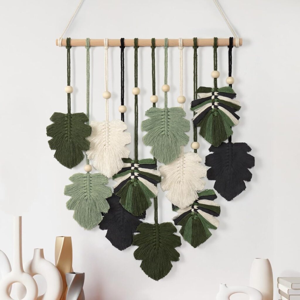 KHOYIME Macrame Wall Hanging Boho Home Decor, Bohemian Leaves Woven Yarn Tapestry Chic Aesthetic Wall Art Modern Handmade Leaf Hanging Decoration for Bedroom Living Room Nursery Office 15.7”W x 20”L