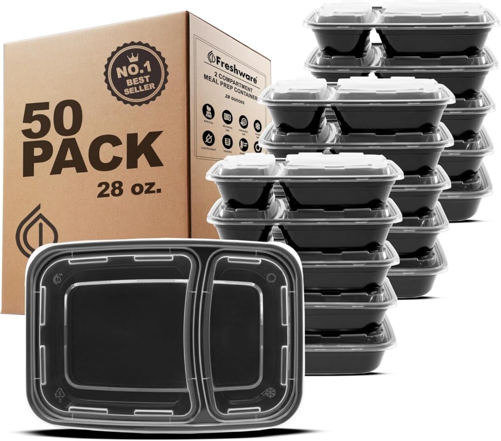 Freshware Meal Prep Containers [50 Pack] 2 Compartment with Lids, Food Storage Containers, Bento Box, BPA Free, Stackable, Microwave/Dishwasher/Freezer Safe (28 oz)