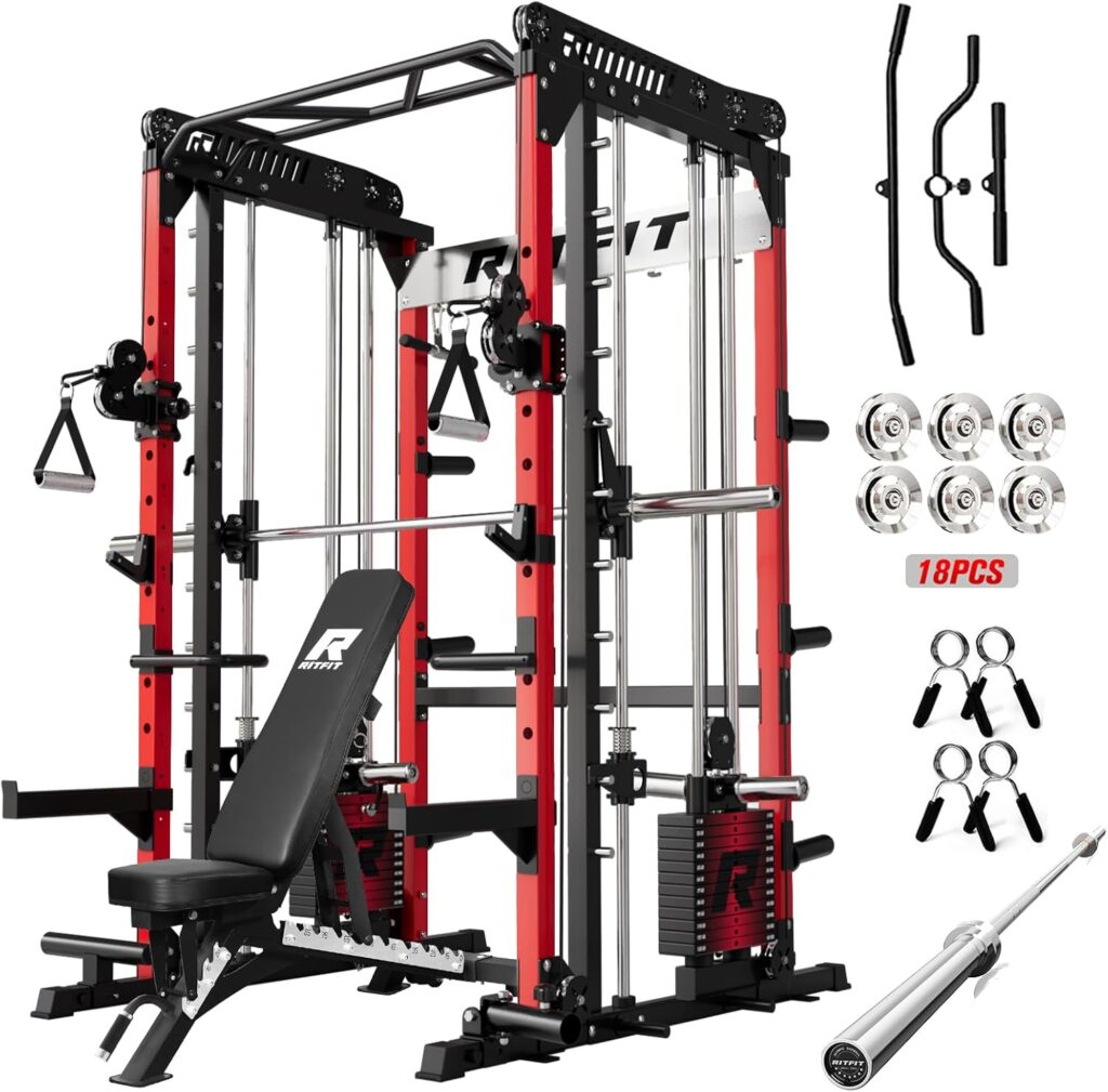 RitFit M1 & M1 Pro Smith Machine with Cable Crossover System, Multi-Function Squat Rack Power Cage for Home Gym, Power Rack and Packages