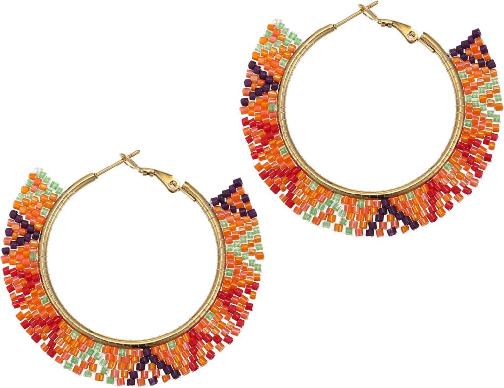 Boho Beaded Hoop Earrings, Handmade Colorful Beads Hoop Earrings for Women Big Circle Bead Huggie Earrings