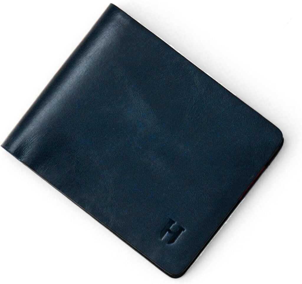 Mens Wallet, Slim Minimalist RFID Blocking, Full-Grain Leather Handcrafted Bifold, 6 Card Slots, Gift Box & Pouch, Christmas & Birthday, Navy Blue (Plus Colors)