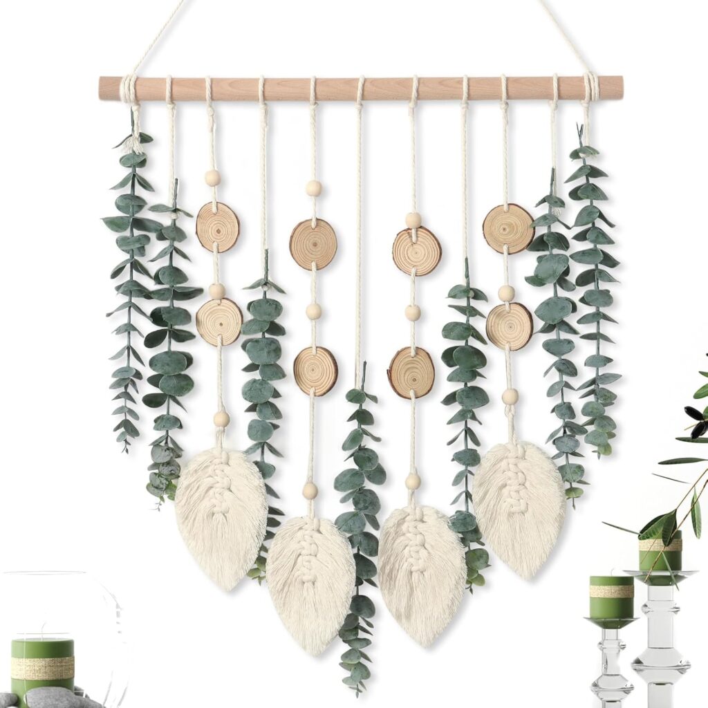 KHOYIME Artificial Eucalyptus Wall Hanging Faux Greenery Decor with Fake Eucalyptus Stems Plants Wooden Stick Macrame Leaves Boho Chic Bohemian Home Wall Art for Nursery Living Room Bedroom Bathroom