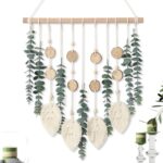 KHOYIME Artificial Eucalyptus Wall Hanging Faux Greenery Decor with Fake Eucalyptus Stems Plants Wooden Stick Macrame Leaves Boho Chic Bohemian Home Wall Art for Nursery Living Room Bedroom Bathroom