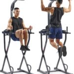 Sunny Health & Fitness Power Tower, Dip Bar, Push-Up & Pull Up Assisting Parallette Station w Optional Rock Climbing Grip Trainer