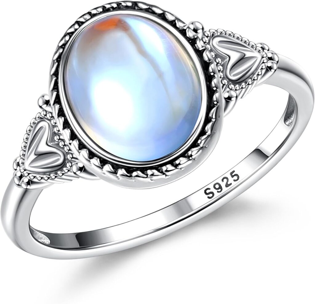 Florideco Sterling Silver Moonstone Mood Ring – Vintage Handmade Victorian Oval Solitaire – 18K White Gold Plated Color Change Ring for Women