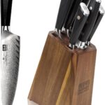 SHAN ZU Damascus Kitchen Knife Set, 7-Piece Professional Knife Sets for Chefs, Japanese 10Cr15CoMoV Super Steel With G10 Handle Knife Block Set, GYO Series