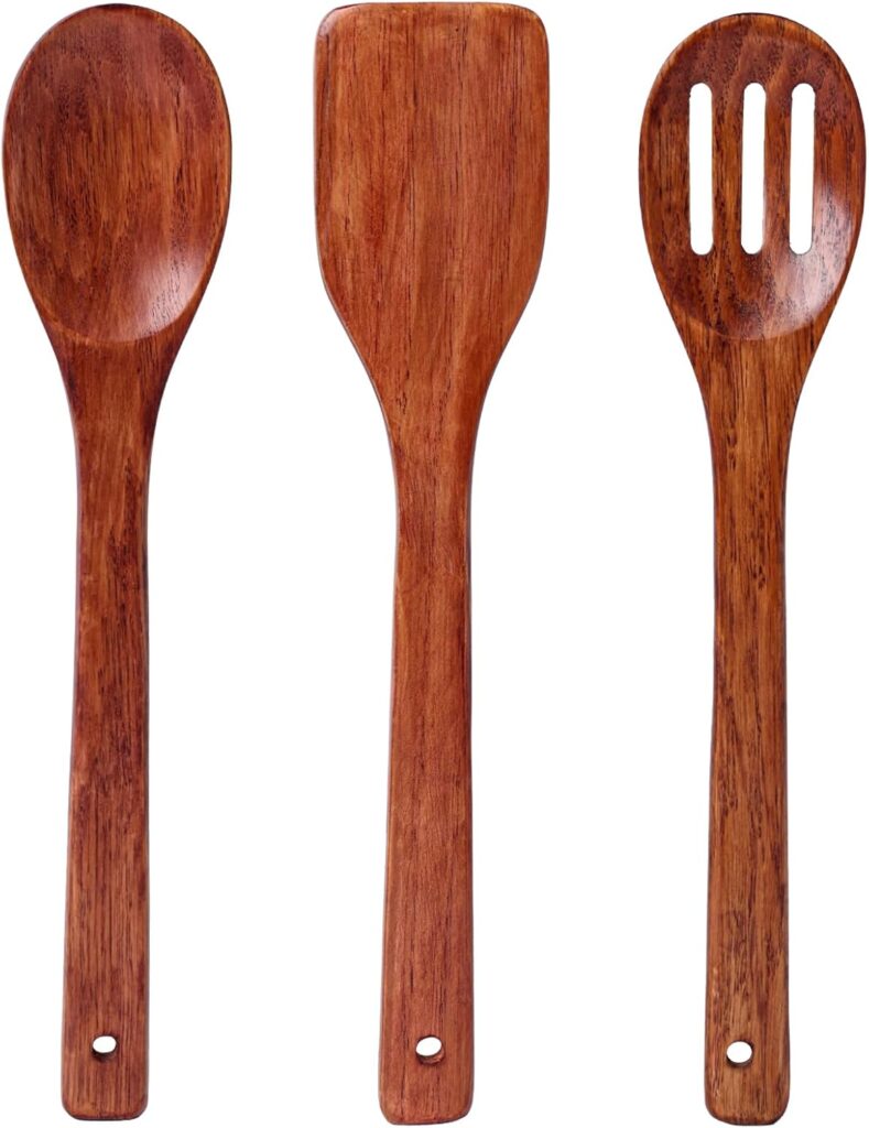 3PCS Wooden Cooking Spatulas, 12inch Wooden Kitchen Utensils Set Dark Brown Wood Spatulas for Cooking Stirring Frying Mixing Sauteing