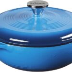 Lodge 3 Quart Enameled Cast Iron Dutch Oven with Lid – Dual Handles – Oven Safe up to 500° F or on Stovetop – Use to Marinate, Cook, Bake, Refrigerate and Serve – Caribbean Blue