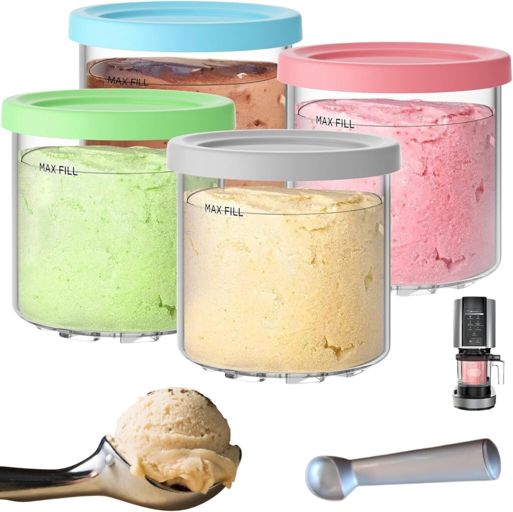 For Ninja Creami Pints and Lids – Pack of 4, Compatible with NC299AMZ and NC300s Series Creamer Accessories, Replacement Cups for Ninja Creami Pints BPA-Free and Dishwasher Safe Colored Covers