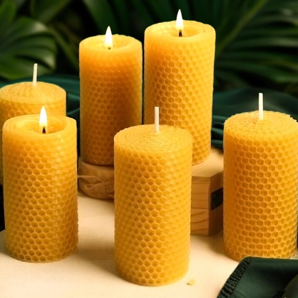 6 Packs Natural Beeswax Candles, Hand Rolled Honeycomb Beeswax Pillar Candles, Pure Bee Wax Gifts for Candle Lovers,Home Decor, Air Purify (2×4 in)