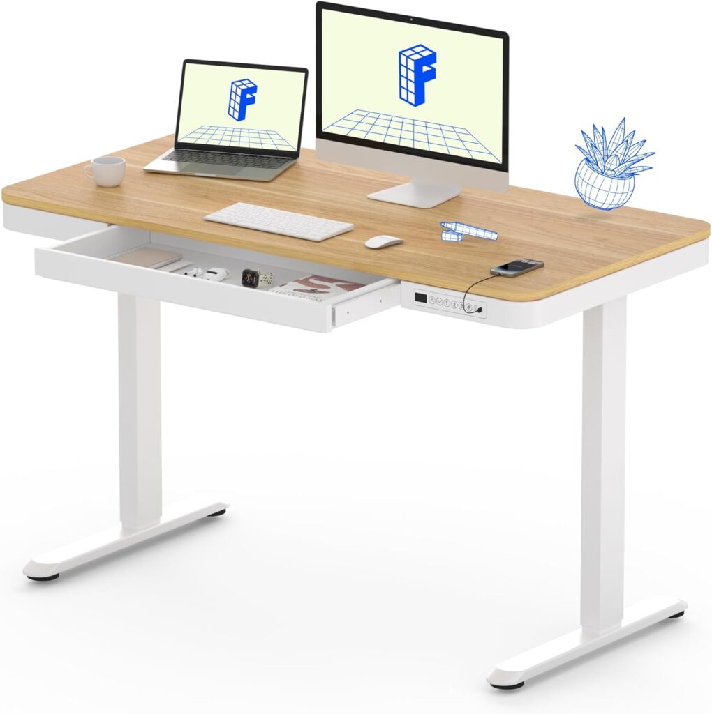 FLEXISPOT Comhar Electric Standing Desk with Drawers Charging USB Port, Height Adjustable 48″ Whole-Piece Quick Install Home Office Computer Laptop Table with Storage (Maple Top + White Frame)
