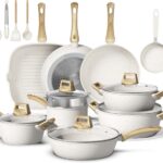 25 Pcs Pots and Pans Set Non Stick Ceramic Cookware Set, Healthy Non Toxic Kitchen Cookware with Mini Egg Pan, Large Capacity, Induction Compatible, PFAS/PTFE/PFOA/PFOS Free, Cream White