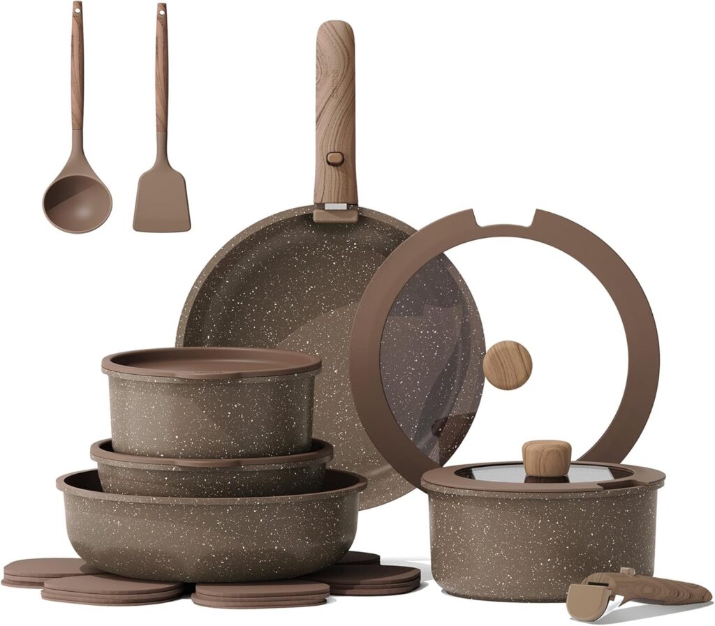 CAROTE 17PCS Pots and Pans Set Non Stick with Detachable Handle, Nonstick Cookware Sets, Cooking Kitchen Set, Oven/Dishwasher Safe, Induction Cookware, Brown, RV Kitchen Pot and Pan