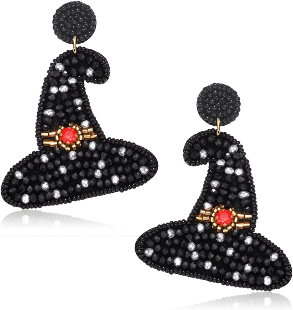 Halloween Earrings for Women Cute Pumpkin Ghost Beaded Dangle Earrings Statement Spooky Skull Witch Hat Boo Trick Treat RIP Earrings Fun Halloween Holiday Costumes Party Jewelry Gifts