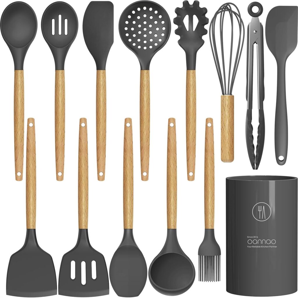 Silicone Cooking Utensils Kitchen Utensil Set – 446°F Heat Resistant Silicone Kitchen Utensils Set, Spatula,Turner Tongs, Spoon, Brush, Whisk,Kitchen Gadgets for Nonstick Cookware, BPA Free (Gray)