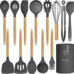 Silicone Cooking Utensils Kitchen Utensil Set – 446°F Heat Resistant Silicone Kitchen Utensils Set, Spatula,Turner Tongs, Spoon, Brush, Whisk,Kitchen Gadgets for Nonstick Cookware, BPA Free (Gray)