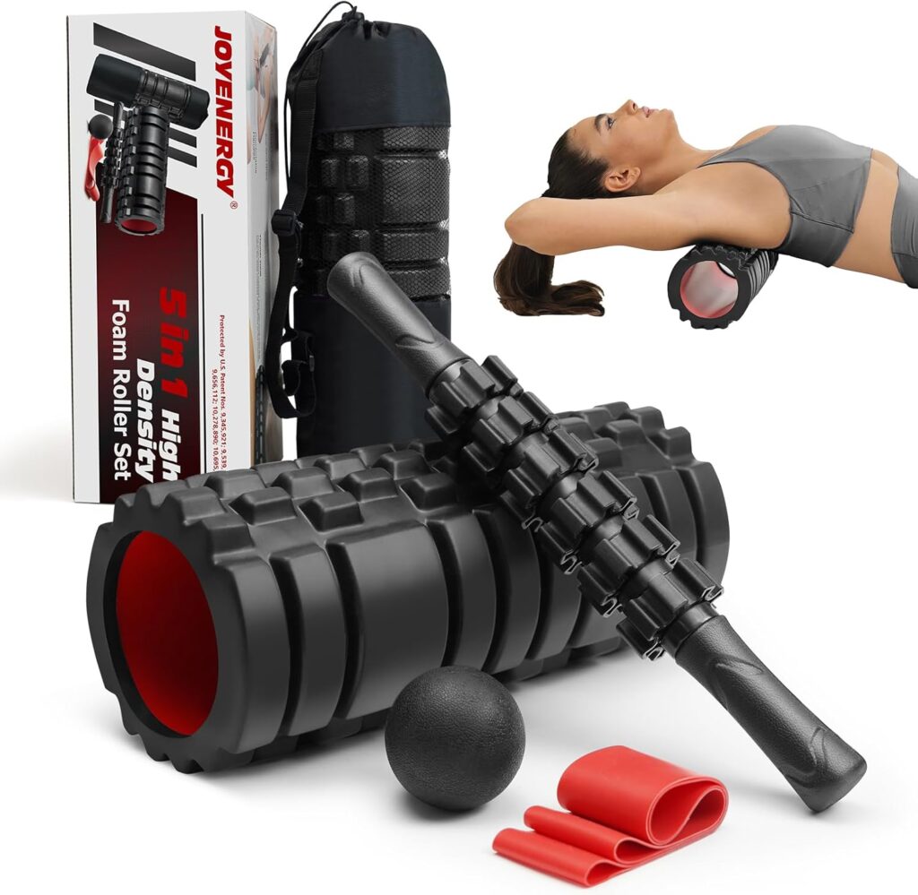 5 in 1 Foam Roller Set High Density Foam Roller Patented, Massage Stick, Massage Ball, Resistance Band for Deep Muscle Massage Pilates Yoga, Fitness for Trigger Point Release