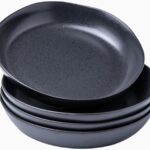 AmorArc Ceramic 9.75 inch Large Flat Pasta Bowls, 38oz Wide Bowls Set of 4 for Kitchen, Oven,Microwave&Dishwasher Safe Bowls with Wavy Rim for Pasta Salad Dinner, Speckled Black