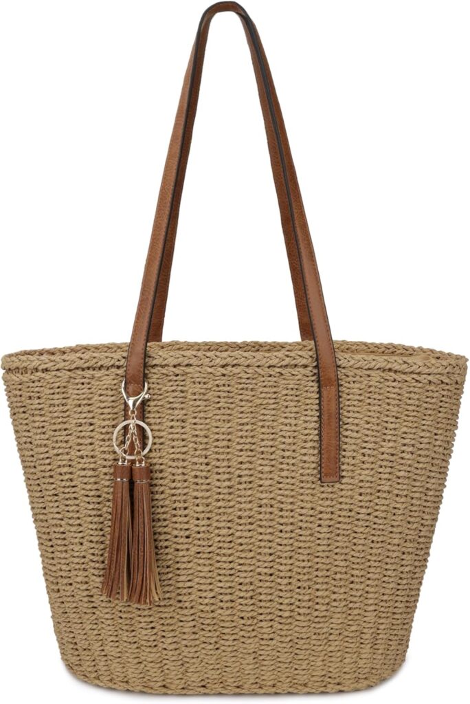 Womens Large Straw Tote Bag Handmade Woven Shoulder Handbag Summer Beach Purse with Tassel