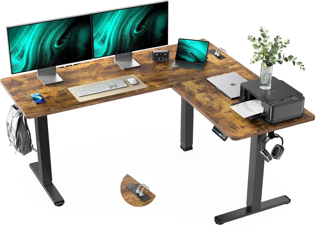 Marsail 63×55 in Electric Corner L-Shaped Standing Desk with 4-in 1 Electical Outlet, Computer Desk with Headphone Hook, Memory Sit Stand up Home Office Table, Ergonomic Gaming Table,Brown