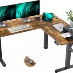 Marsail 63×55 in Electric Corner L-Shaped Standing Desk with 4-in 1 Electical Outlet, Computer Desk with Headphone Hook, Memory Sit Stand up Home Office Table, Ergonomic Gaming Table,Brown