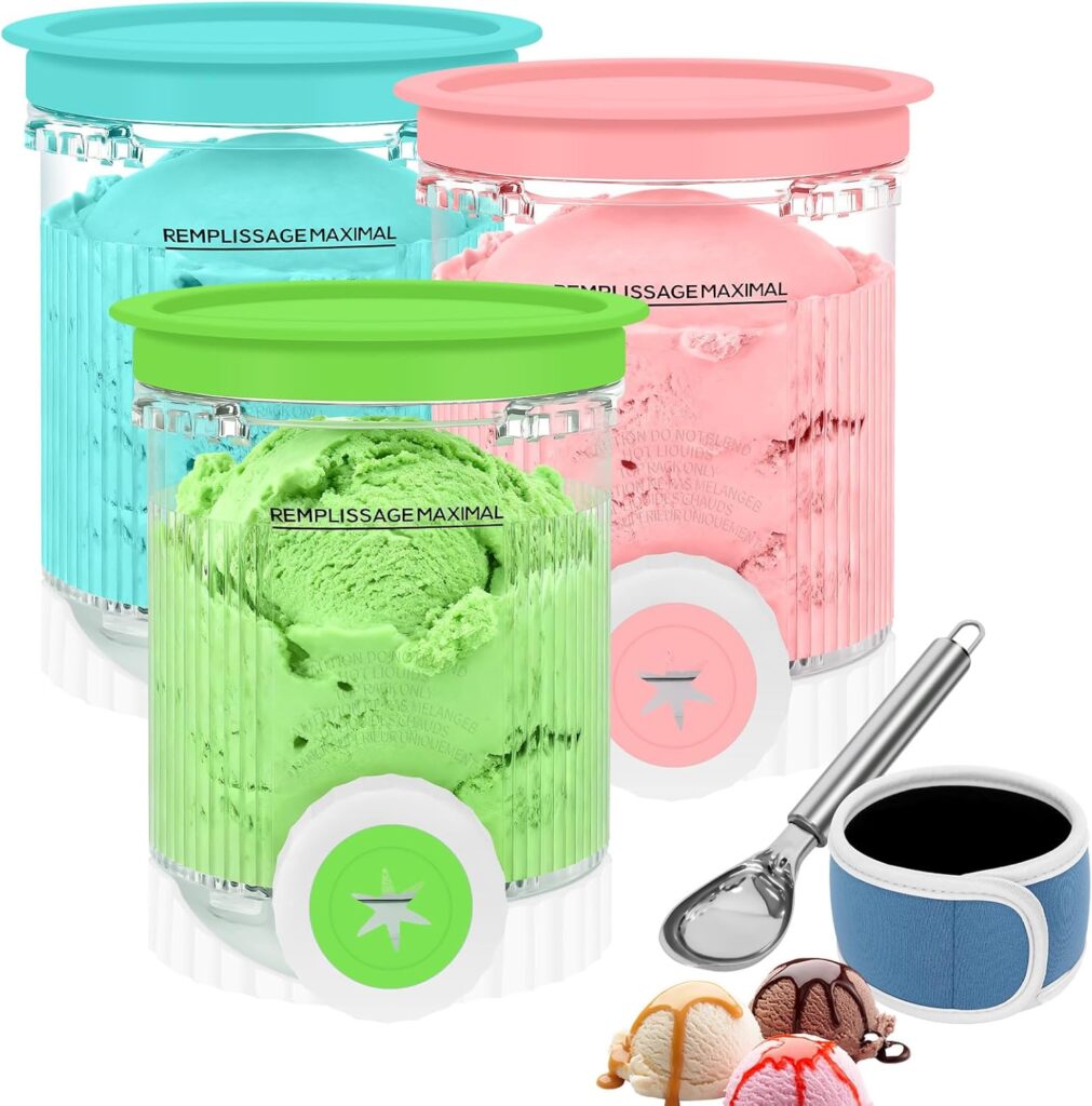 3 Pack Pints & Lids for Ninja Swirl Ice Cream for Ninja NC700 Series, NC701, Compatible with Ninja Swirl Ice Cream & Soft Serve Makers, BPA-Free, Dishwasher-safe, with cup sleeve + ice cream scoop