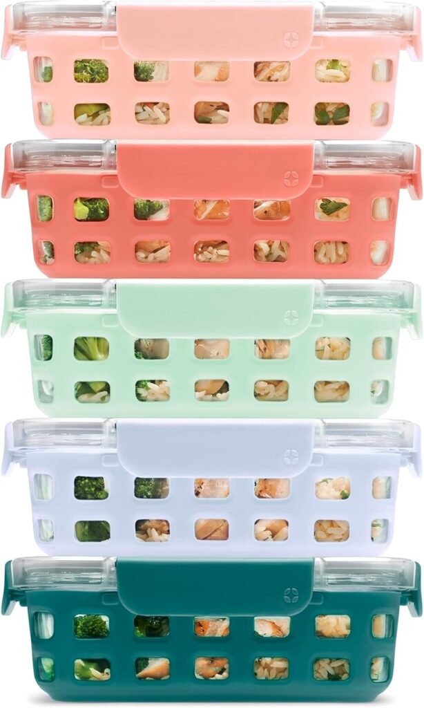 Ello Duraglass 3.4 Cup Meal Prep Sets 10Pc, 5 Pack Set- Glass Food Storage Container with Silicone Sleeve and Airtight BPA-Free Plastic Lids, Dishwasher, Microwave, and Freezer Safe, Melon