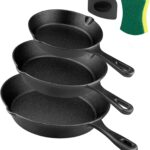Cast Iron Skillet Set -3 Piece 6 inch, 8 inch and 10 inch Cast Iron Pan, with Scraper+Dish Sponge – Oven Grill Stovetop Safe Cookware – Black