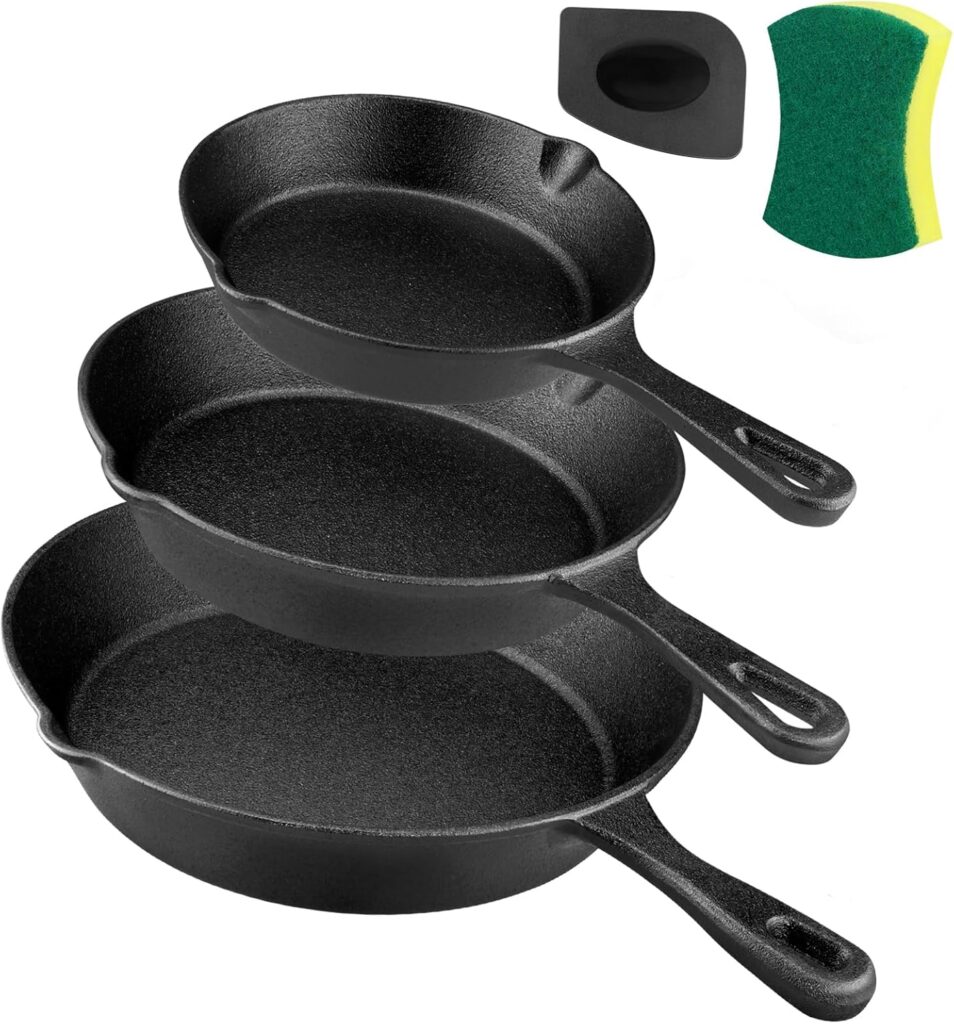 Cast Iron Skillet Set -3 Piece 6 inch, 8 inch and 10 inch Cast Iron Pan, with Scraper+Dish Sponge – Oven Grill Stovetop Safe Cookware – Black