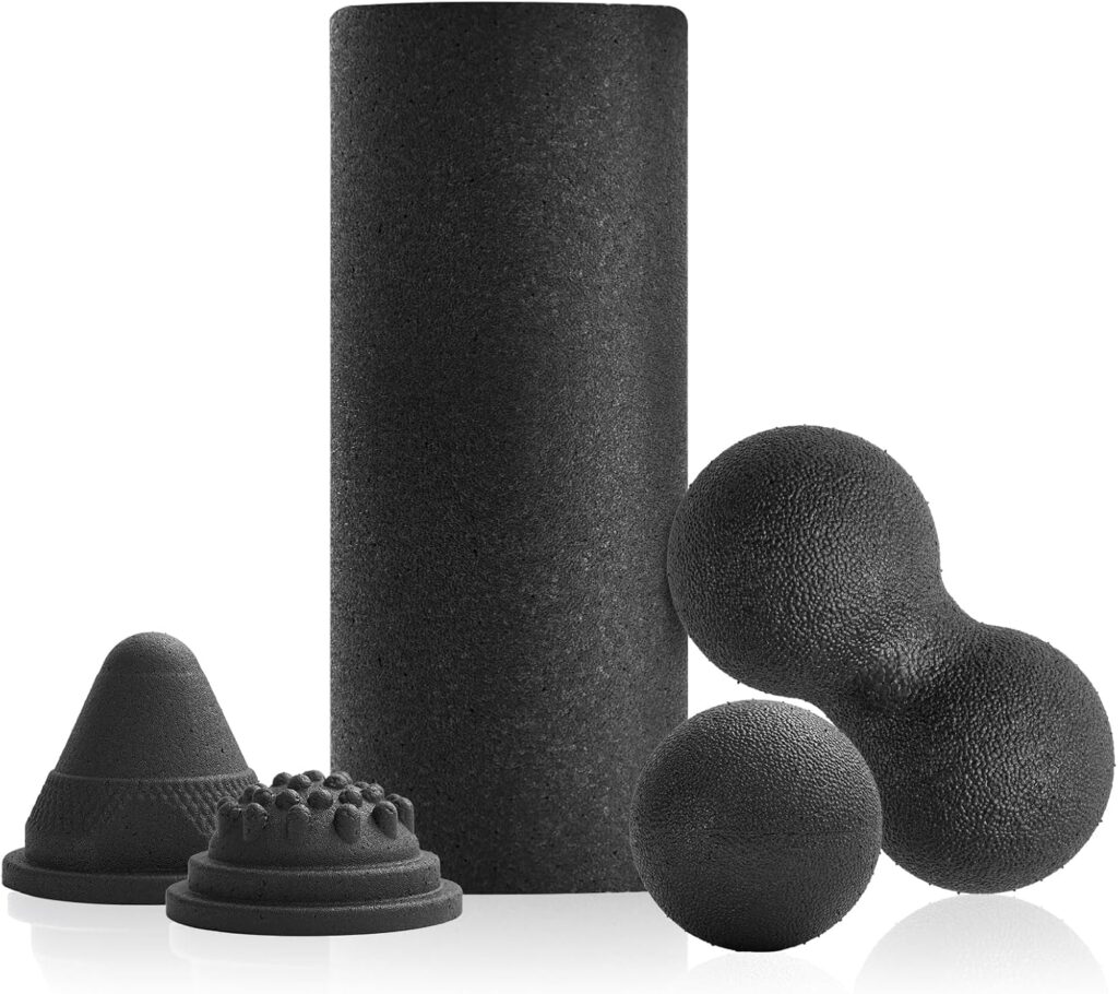 5 in 1 Foam Roller Set with Peanut Massage Ball, Curved Muscle Brush – Yoga Roller, Massage Ball, Trigger Point Triangle for Deep Tissue Relief (Black)