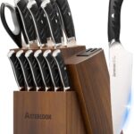 Astercook Knife Set, Kitchen Knives Set with Block and Dual Sharpener Full Tang 15 Pcs German Stainless Steel Knives Sharp Blade Dishwasher Safe Knife Set with Ergonomic Handle, Elegant Black