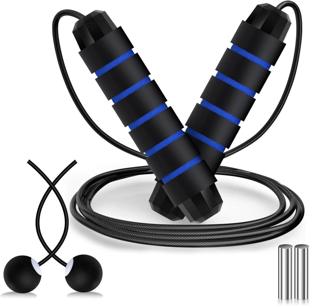 Vinsot 2 in 1 Jump Rope Weighted Cordless Jump Rope with Ball Ropeless Skipping Rope with Adjustable Steel Bearings Soft Foam Handles Rapid Speed Jump Rope for Women Men Kid Fitness Workouts(Blue)