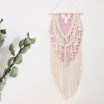 LB Pink Macrame Woven Wall Hanging, Boho Woven Tapestry, White and Pink Tassel Leaves Bohemian Chic Wall Decor for Bedroom Living Room Dorm Party Apartment Nursery, 13”W x 27”L