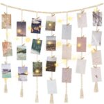 Mkono Macrame Hanging Photo Display Wall Decor with String Lights, Boho Wooden Beads Garland Collage Picture Card Frame Holder with 45 Clips for Bedroom Living Room Dorm, Teen Girls Christmas Gifts