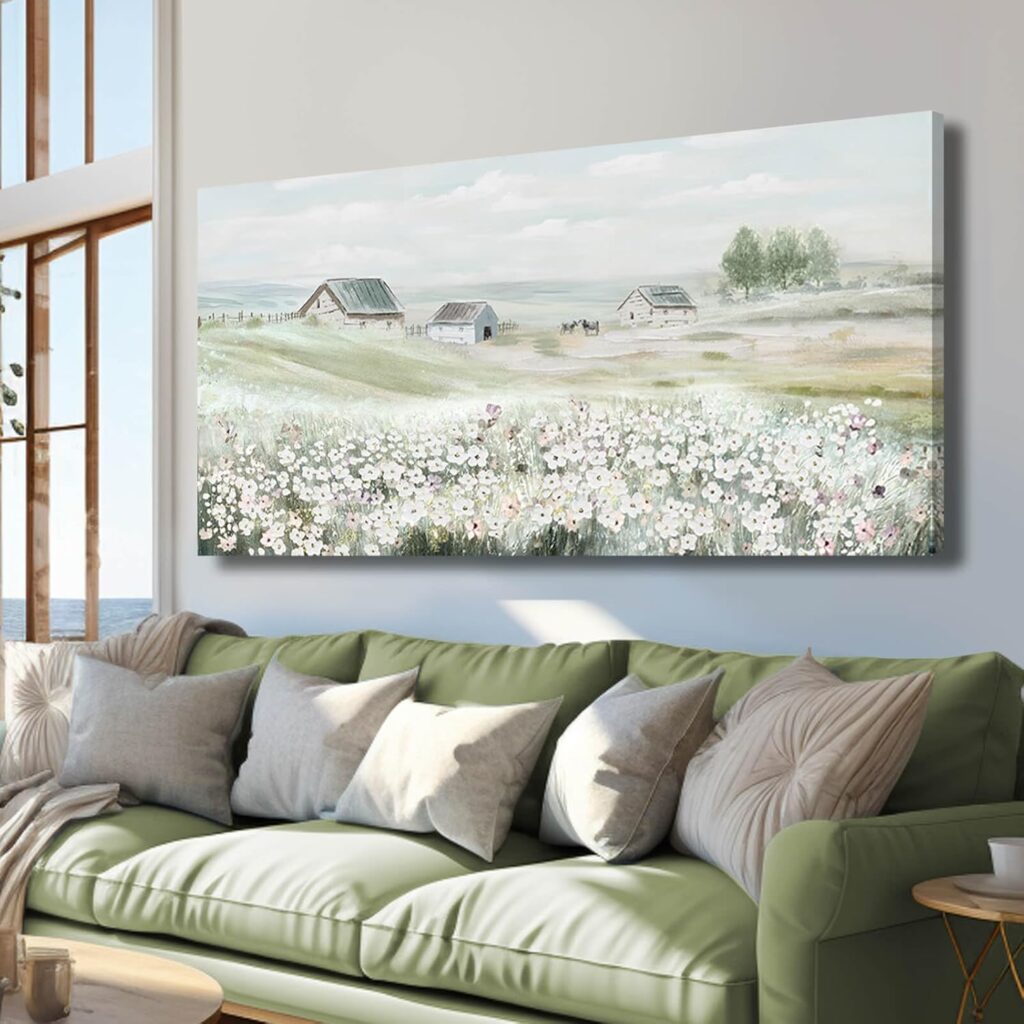 VAYIMDH Farmhouse Wall Art White Flowers Painting Rustic Scenery Green Pictures Wall Decor 24″x 48″ Meadow Prints for Living Room Dining Room Bedroom Aesthetic